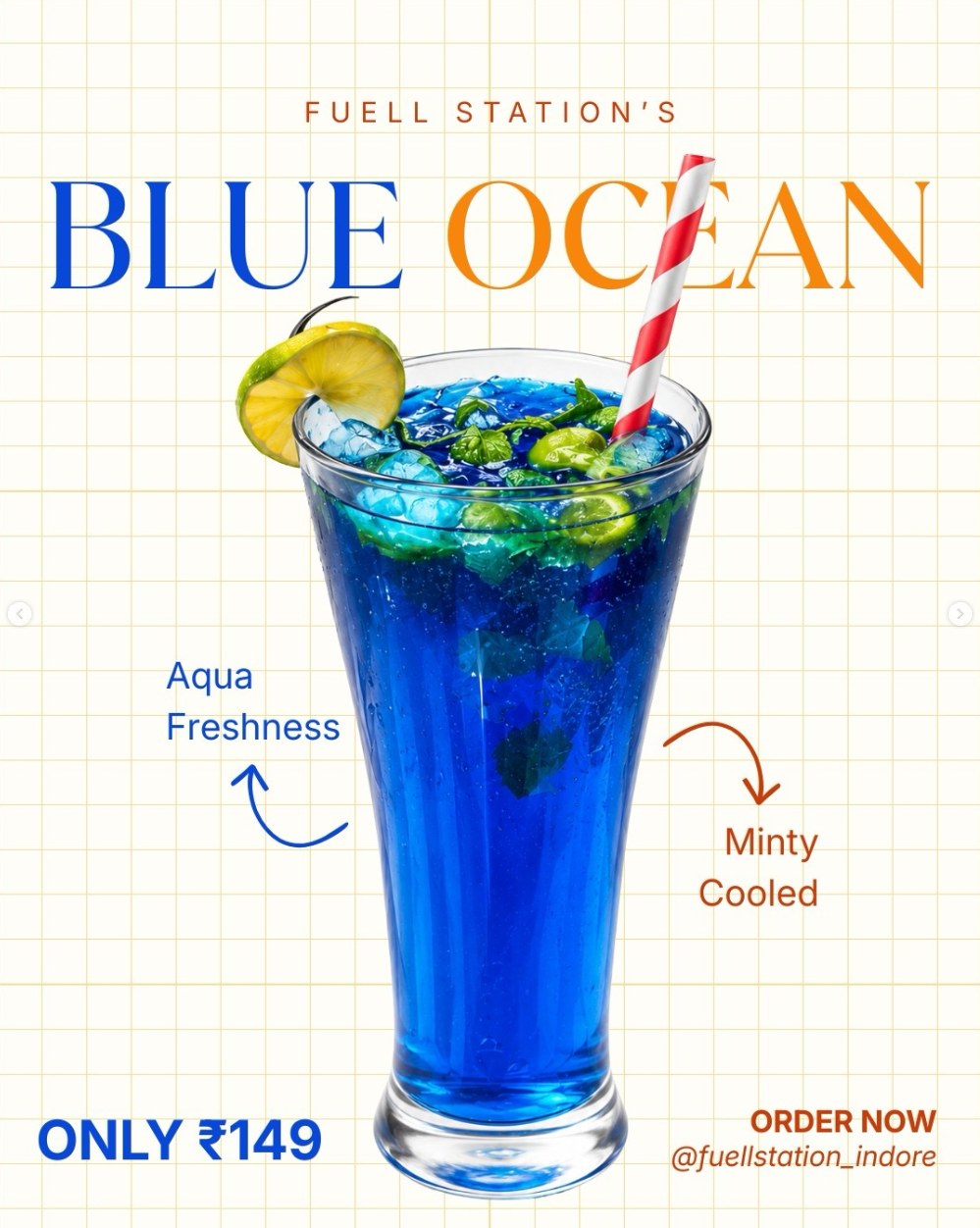 Blue Ocean mocktail — aqua freshness, minty cooled, ₹149 at Fuell Station Cafe